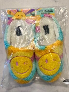 Joe Boxer Multicolor Fuzzy Smiley Face Ladies Slippers